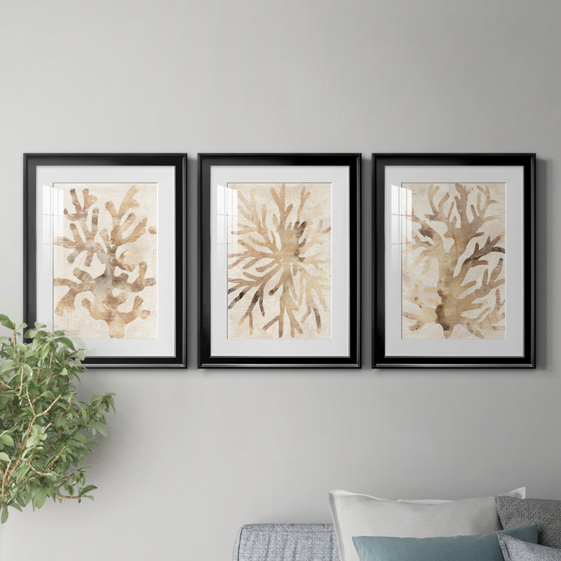 Parchment Coral I - ensemble de 3 cadres photo, H 24,5 po x l 55,5 po x P 1 po, Cadre noir
