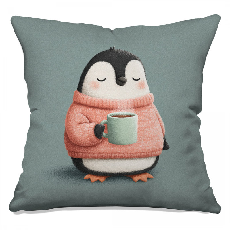 Pingouin avec une tasse de café Coussins décoratifs à double face, 14 X 14 pouces
