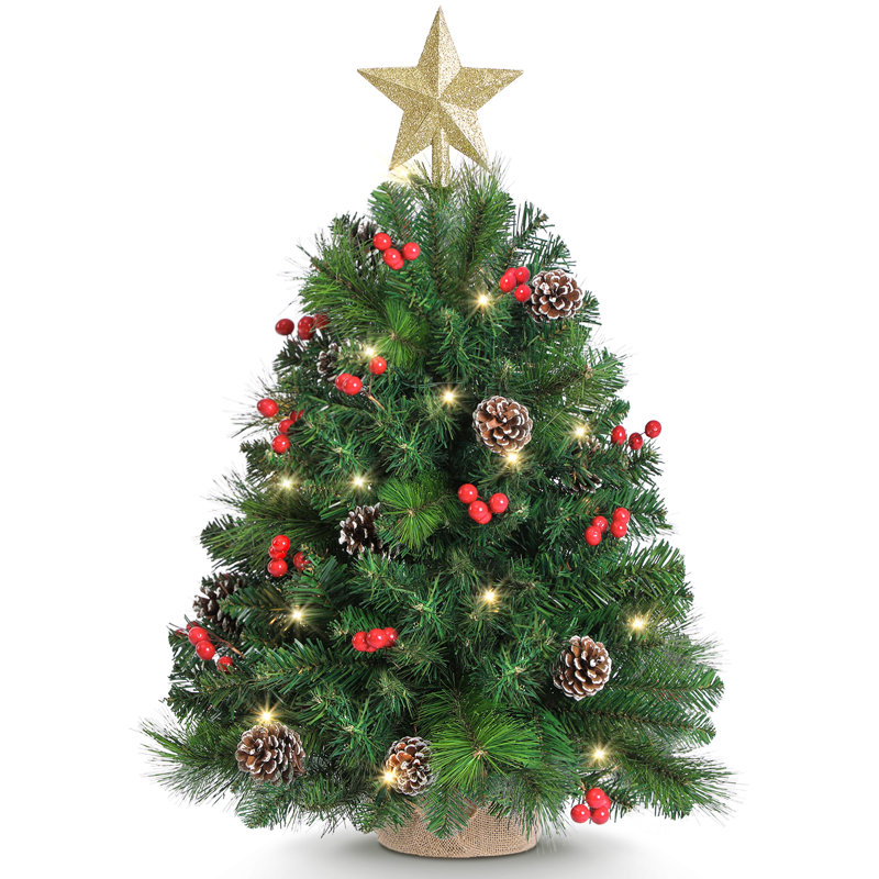 60cm / 2 ft Tabletop Pre-lit Christmas Tree, Mini Artificial Xmas Tree with Warm LED Lights (6-Hour Timer)