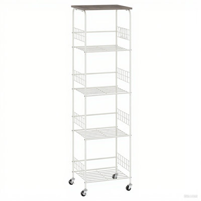 Five - Tier Round Tube Wire Storage Rack (Matte White Frame + Gray Oak - color Board)