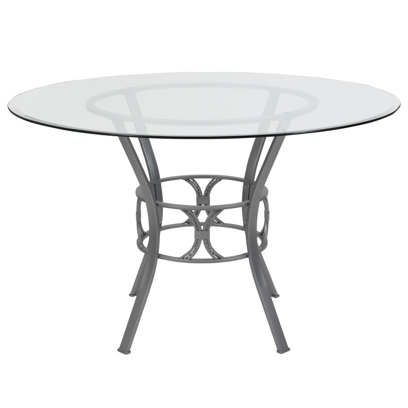 Hardrick 42'' Round Glass Dining Table with Crescent Style Metal Frame, 29.5" H x 48" W x 48" D, Gray