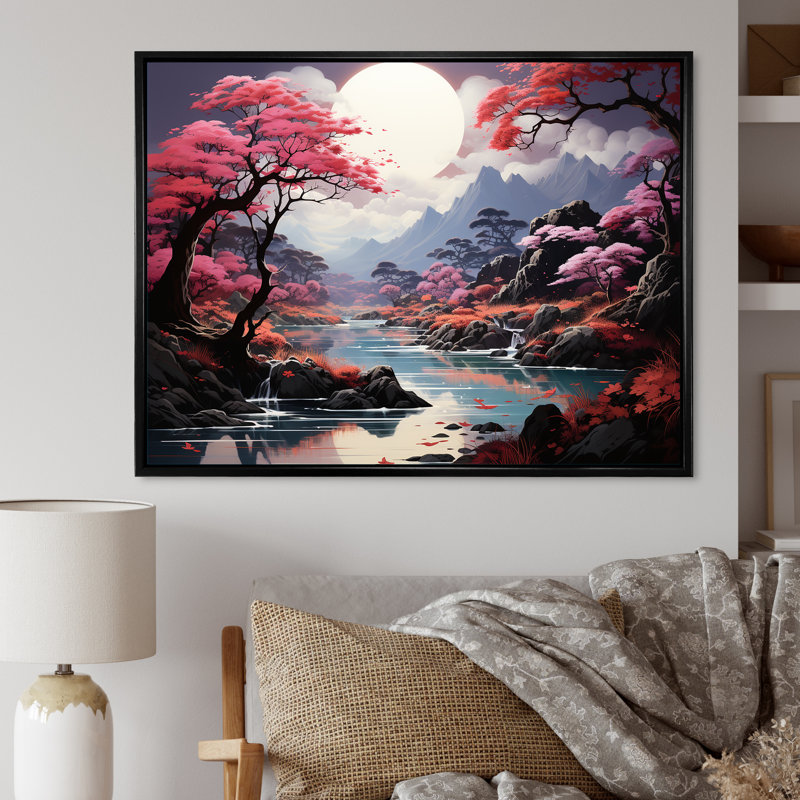 Magical Kawaii Moonlite River sur impression sur toile, Cadre flottant noir, H 34 po x l 44 po x P 1,5 po