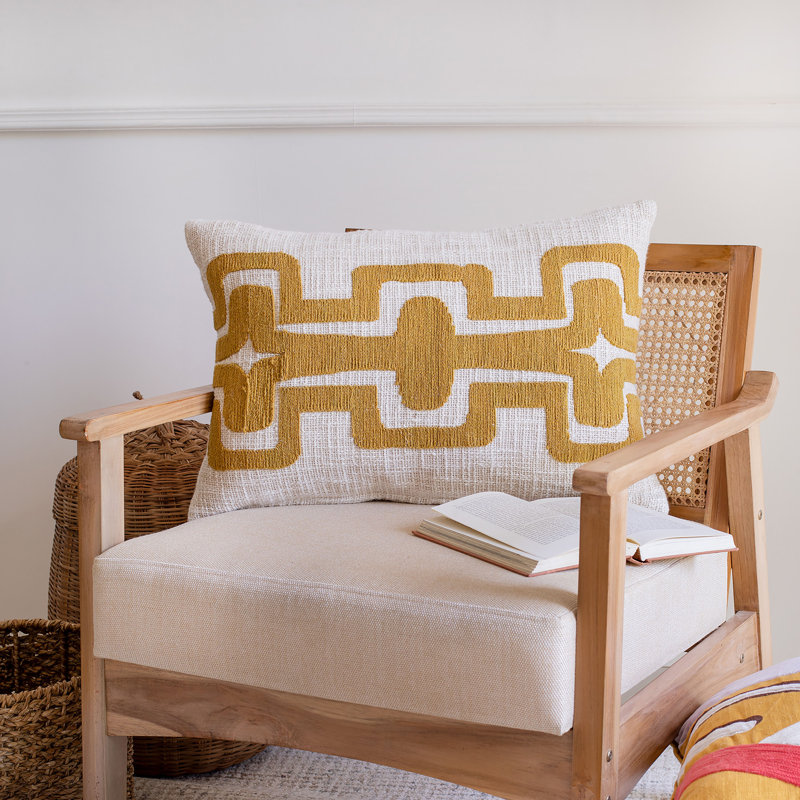 Ochre and Ivory Geometric Embroidered Rectangular Cotton Blend Pillow