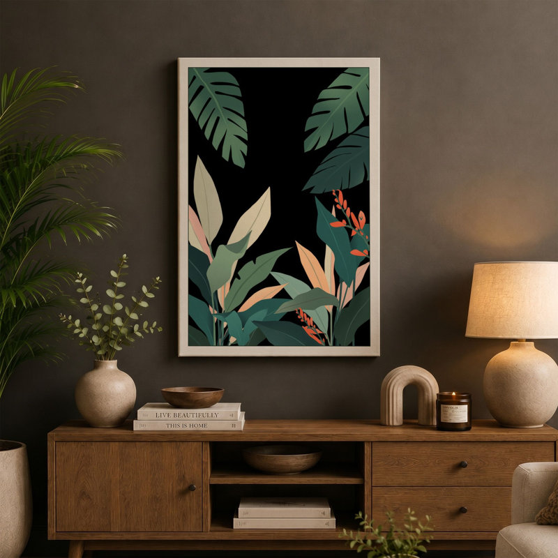 Figure Among Palms Boho - Wrapped Canvas, 36x24 - 91.4 x 61.0 cm, Taupe Border