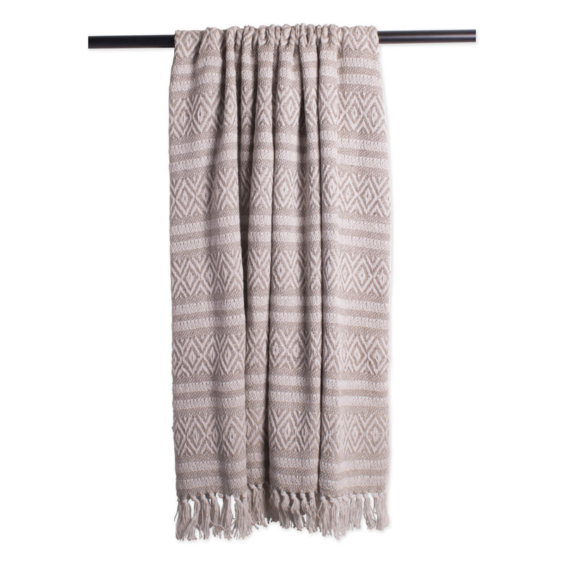 Navy and Off-White Cotton Striped Throw Blanket with Fringe