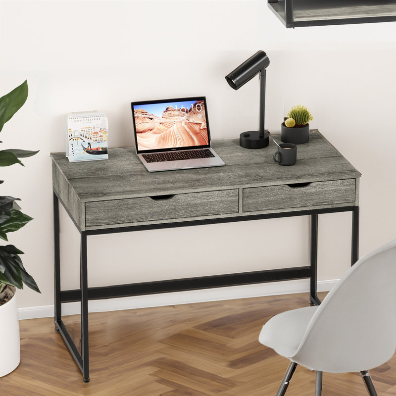 Alaina 43.31" W 2-Drawer Writing Desk with Stainless Steel Frame, Gray/Black