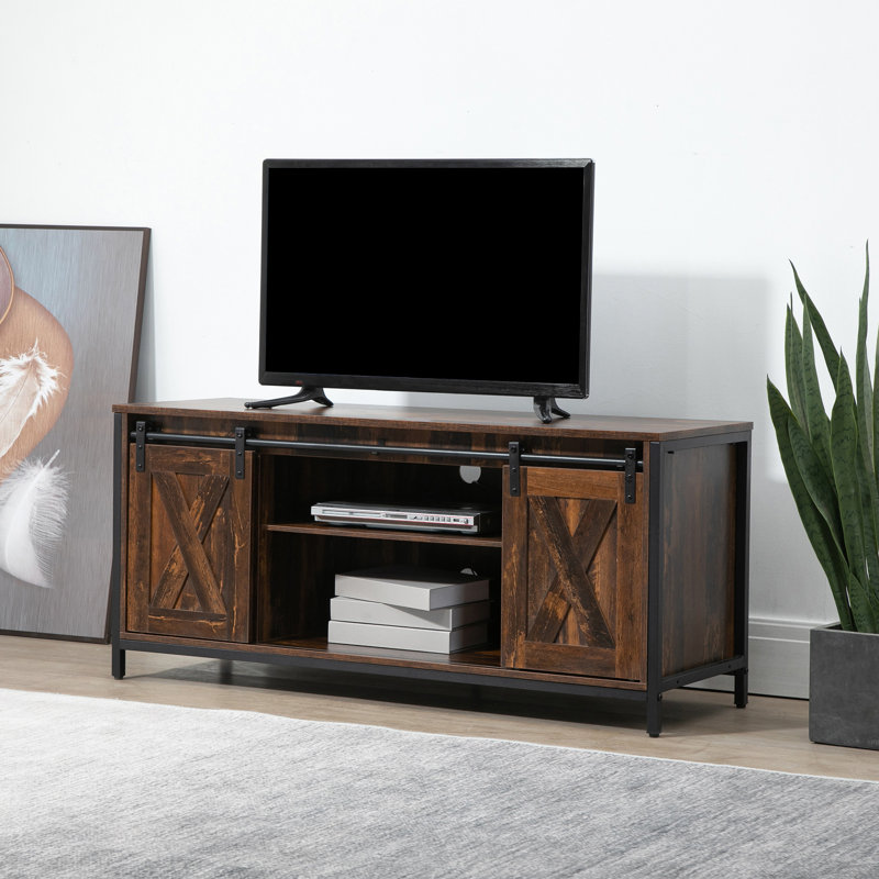 Meuble télé Gracie Oaks pour téléviseur de 60 po ou moins, console de télévision avec rangement et 2 portes de grange coulissantes, unité de divertissement autoportante pour le salon, brun
