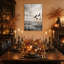 Grues volant au-dessus des marais, toile murale d'Halloween beige et grise-963456275