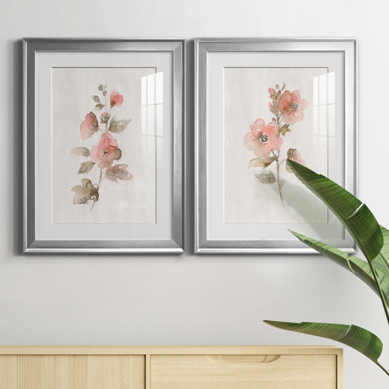 «Blush Sweetly I», ensemble de 2 reproductions d'art, H 18,5 po x l 49 po x P 1,5 po, Papier avec cadre argenté, Blanc