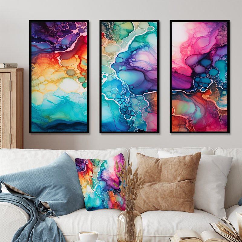 Ensemble d'art mural arc-en-ciel bleu sarcelle et mauve, Cadre flottant noir, H 40 po x l 60 po x P 1 po