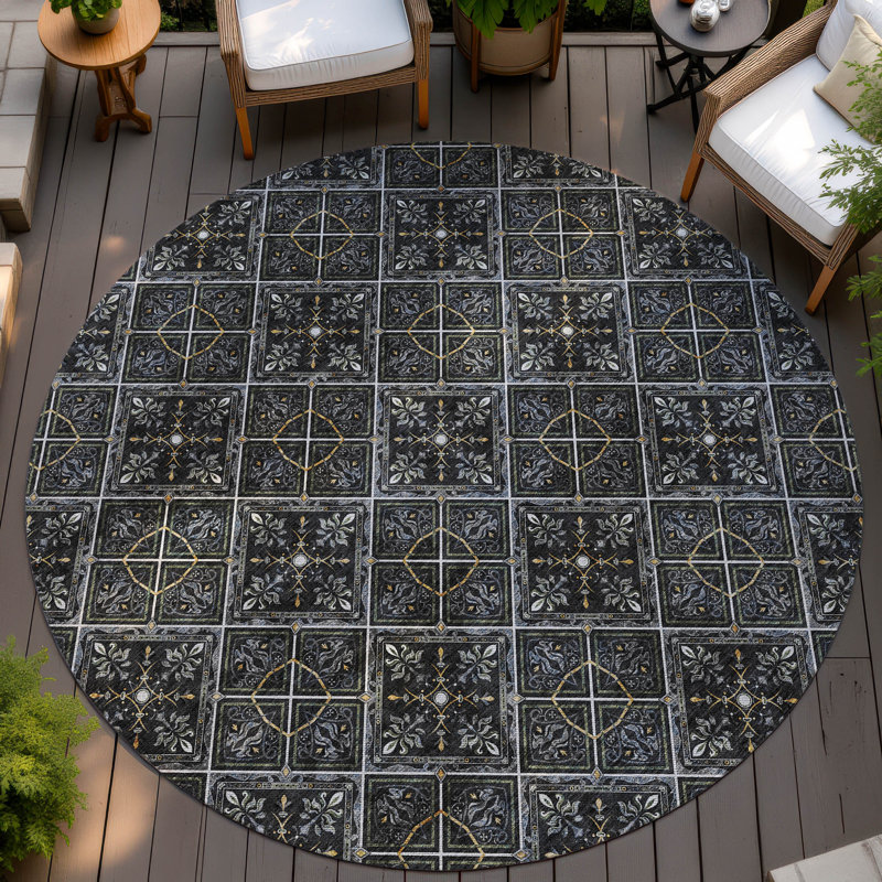 Machine Washable Indoor/Outdoor Chantille ACN2692 Casual Rug, 8' Round, Black