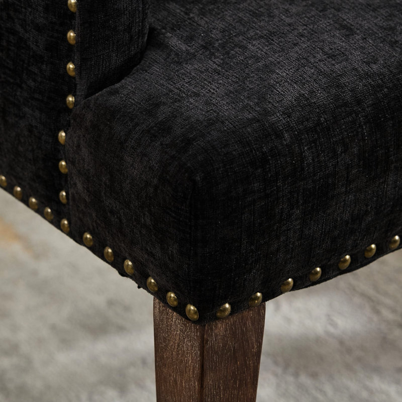 Chaise de salle à manger rembourrée en tissu de chenille avec pieds incurvés en bois massif - Élégante chaise club capitonnée pour la salle à manger, cuisine, paquet simple, noir