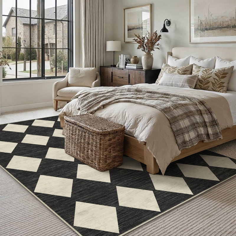 Tapis moderne lavable à losanges pour le salon avec envers antidérapant, Noir / blanc, Rectangulaire 8 pi x 10 pi