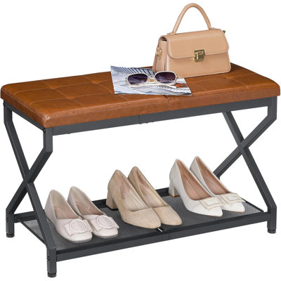 Shoe Bench, Shoe Rack Bench With PU Leather Cushion, Shoe Storage Organizer For Front Door Entrance, 2-Tier Entryway Bench For Small Space, Loads 300 Lb