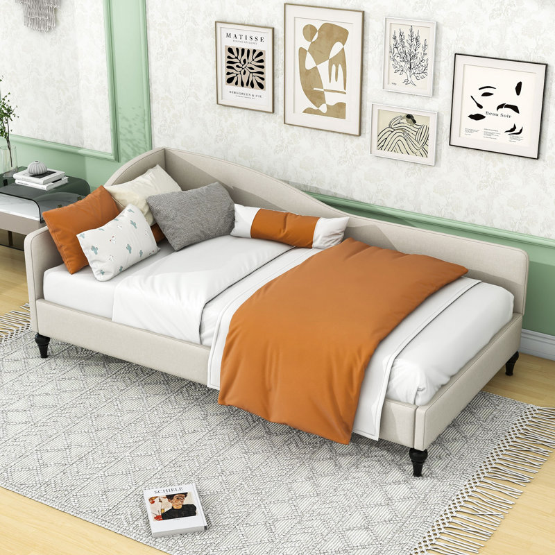 Aghilas Linen Upholstered Daybed with Wood Legs and Slats, Beige, Twin