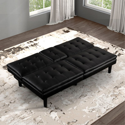 Black Contemporary Futon Bed Featuring Upholstery, Biscuit Tufting, Chargers, Drop - Down Table And Cup Holders, 2 Seat, 71.5"w Width Style With Cushi