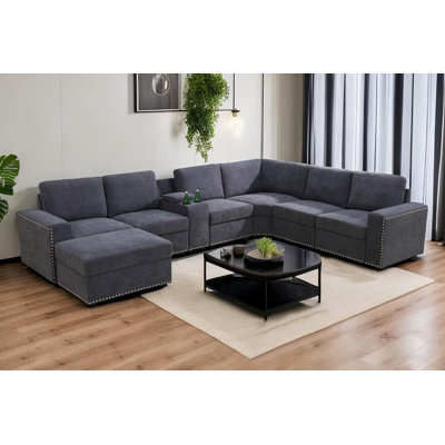 136" Wide 8-Piece Flannel Configurable Living Room Sectional With Ottoman