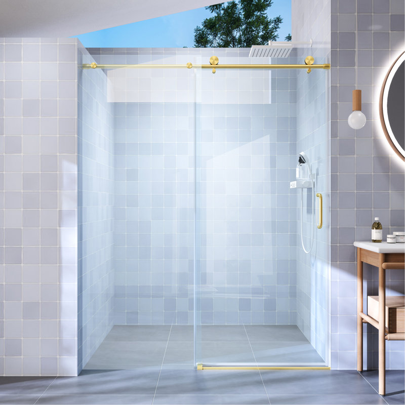 Porte de douche coulissante simple en verre trempé de 6 mm, l 56 po à 60 po x H 76 po, réglable pour des ouvertures de 56 po à 60 po, or brossé, verre lisse de 6 mm à mouvement 1/4 po, pour sécher le plancher