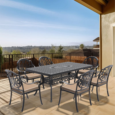 Cast Aluminum 7 Outdoor Patio Furniture , Black Frame, Brown Cushions, Traditional Casting Process, Resistance, Comfortable , Space Stacking, All-weather Fabric Slip Foot Pad With Aluminum, Casting,