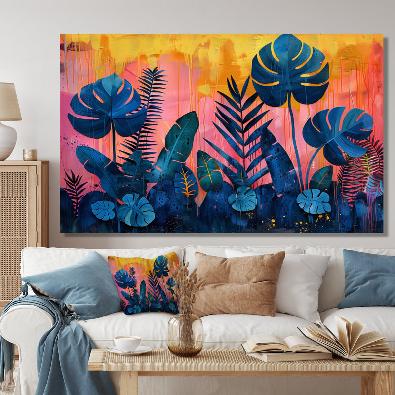 «Blue Blue Tropical Leaves Paradise II» - palmiers et palmiers, art mural, Toile tendue, H 40 po x l 60 po