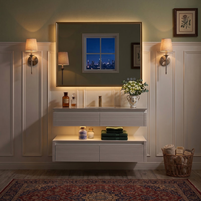 Meuble-lavabo suspendu de 122 cm (L) x 53 cm (P) avec comptoir en pierre, éclairage DEL intégré, design cannelé à deux niveaux, tiroirs à fermeture amortie, blanc