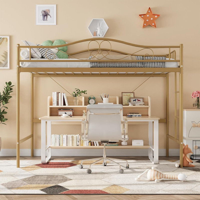 Twin Loft Bed with Removable Ladder & Safety Guardrail, Heavy Duty Metal Frame 400 Lbs Capacity, Gold