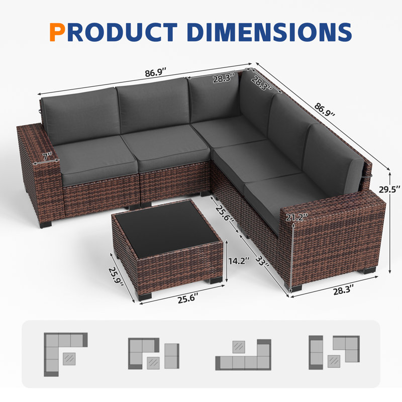 5 - Person Wicker Outdoor Modular Sectional Seating Group with Cushions, Dark Gray Cushion/Brown Frame