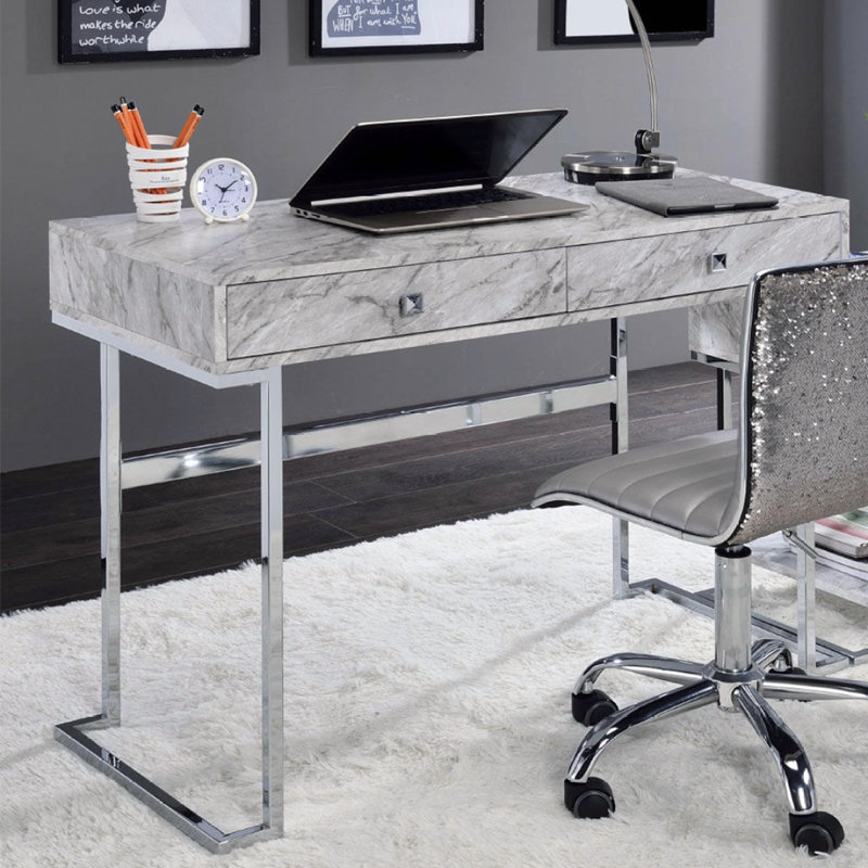 Bureau d'écriture rectangulaire avec 2 tiroirs, plateau en pierre d'ingénierie blanche et chrome
