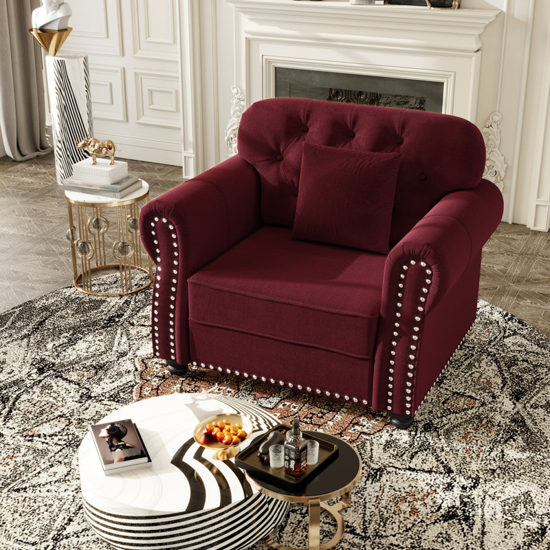 Siège simple en velours bourgogne de 41,3 po de style Mid-Century avec bouton, garniture cloutée et structure en contreplaqué roulé, support en éponge rembourré