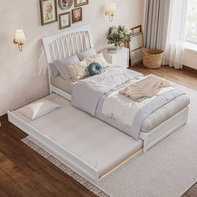 Lit plateforme Imarion avec pied de lit à panneau et lit gigogne, Blanc, Simple extra long