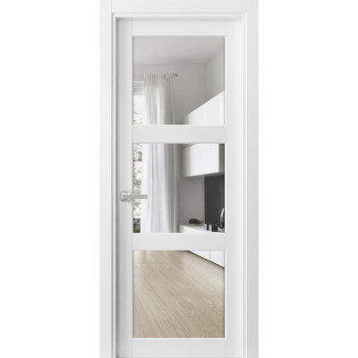 Porte de ville française pleine prémontée, vitrage transparent, 3 battants, Lucia 2555 Blanc Soie, panneau simple standard, cadre, poignées, pour salle de bain ou chambre, portes robustes - 81 cm x 203 cm