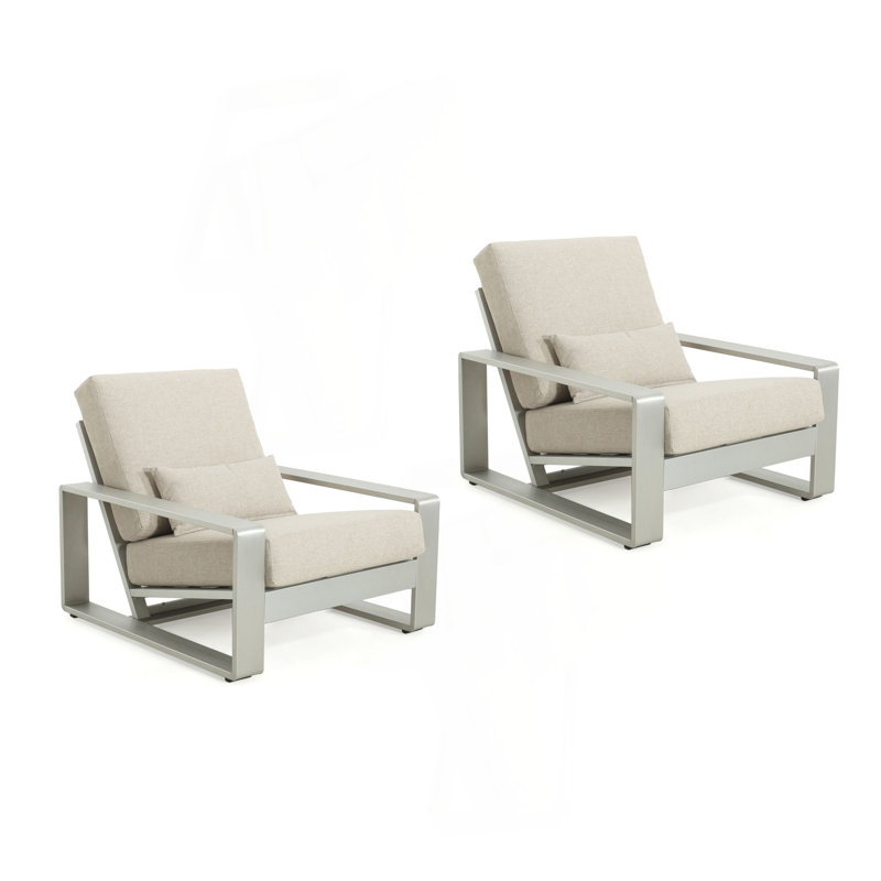 La Plata Outdoor And Indoor Aluminum Lounge Chair, Frame With Cushion, Set Of 2, Beige Cushion/Silver Frame