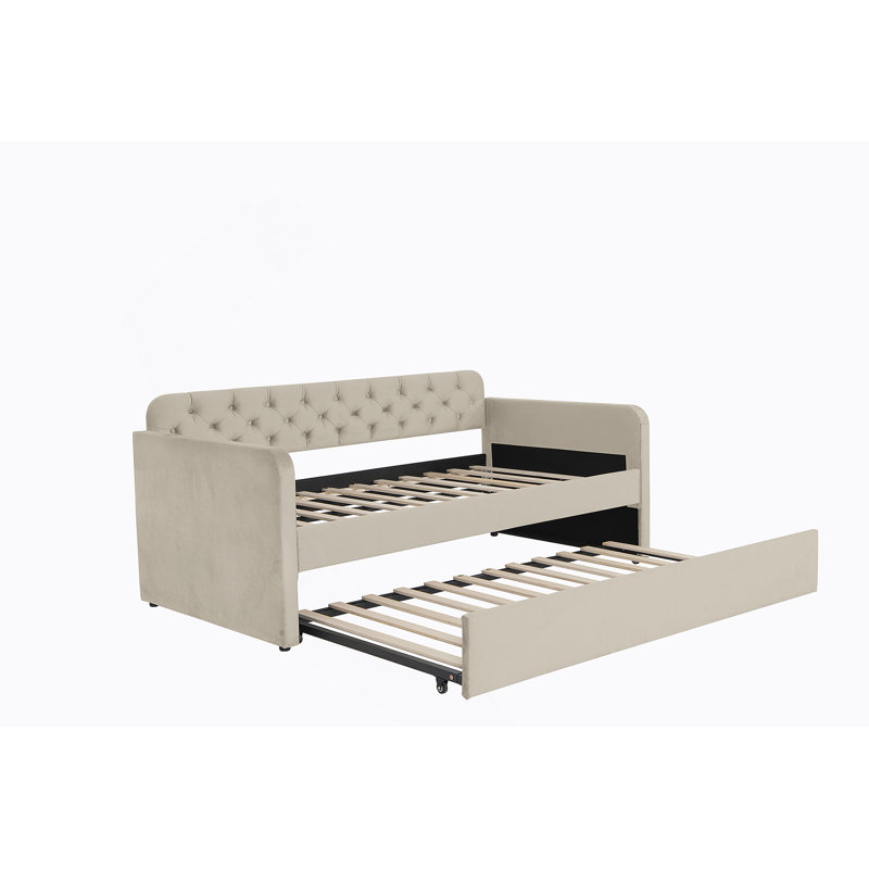 Twin Size Upholstered Daybed With Trundle And USB Charging Design, Velvet Upholstered Daybed Frame