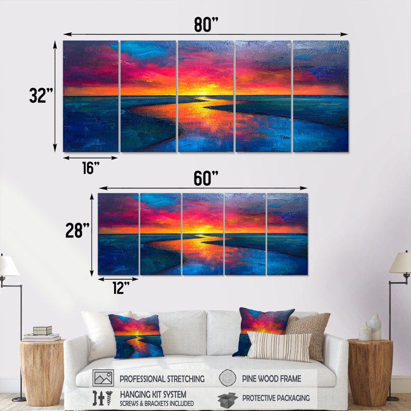 Nahel - rivière, art mural 5 pièces, H 28 po x l 60 po