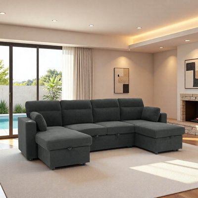 105" U-Shaped Pull-Out Sectional Sofa Bed with Dual Storage Chaises, 2 Lumbar Pillows and Cupholders