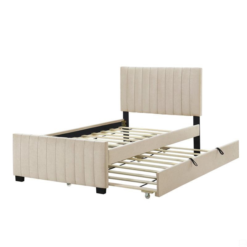 Lit plateforme tapissier simple en velours avec lit gigogne simple