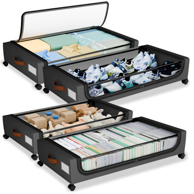 Under Bed Storage with Wheels, 4-Pack Under the Bed Storage Containers with Clear Lids & Label, Underbed Storage Bins, Rolling Metal Drawer for Clothes, Shoes, Toys, Books - Gray