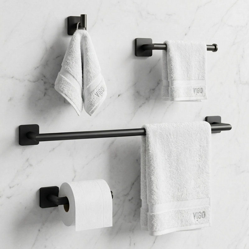 VIGO Satro 4-Piece Matte Black Bathroom Hardware Set with 24-in Towel Bar, Toilet Paper Holder, Hand Towel Holder and Hook