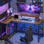 Adran Metal Base L-Shaped Computer Desk with Monitor Stand and Shelves, Gaming Table with Power Out