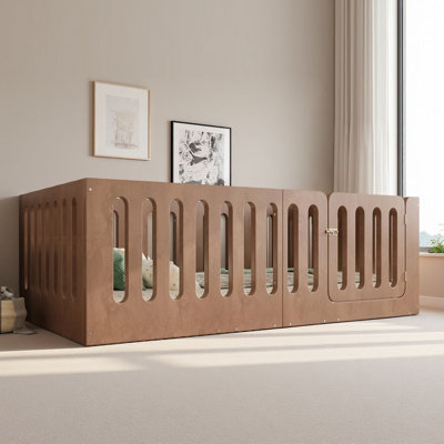 Twin Size Floor Bed with High Fence for Kids, Solid Wood Kids Montessori Bed with Door, low-profile and No Box Spring Needed Design