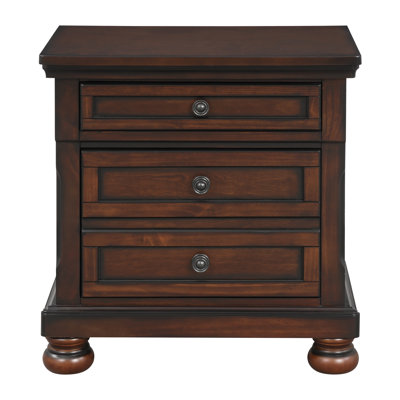 Traditional Nightstand In Brown Cherry Appearance, Birch Veneer, 2 Drawers With Bearing Glide Singularity, Bedroom Section Singularity Colored Nightstand, Made Of Character, Detail For