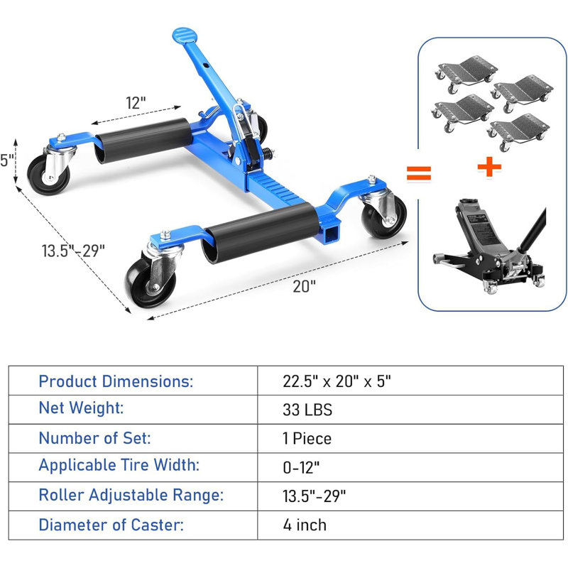 Ensemble de 2 roulettes robustes pour voiture, paquet de 2, capacité de 3 000 lb, roulettes réglables de 13,5 po à 29 po, pédale à cliquet, roulettes à 360 ° de 4 po, aluminium antirouille, utilisation dans le garage, bleu, paquet de 2 | Bleu