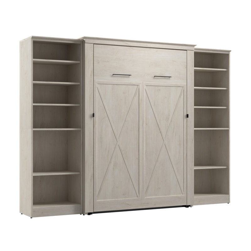 Murphy Bed With Shelving Units, Linen White Oak, Queen