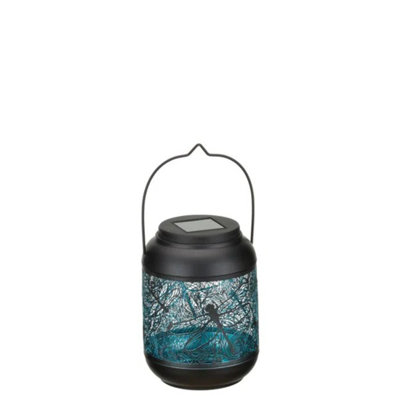 9" Inch Metal Solar Powered Outdoor Shadow Lantern with Decorative Cutout Patterns and Hanging Handle