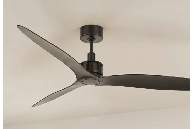 A modern black three-blade ceiling fan with sleek, contoured blades mounted on a short downrod against a plain white ceiling.