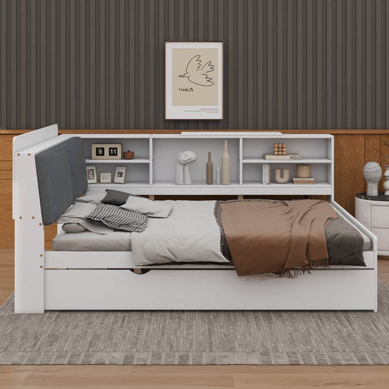 Lit plateforme avec lit gigogne, tablettes et tête de lit avec rangement, Blanc, Lit double