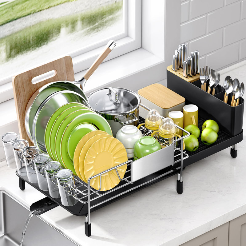 Dish Drying Rack, Expandable Stainless Steel Dish Rack With Drainboard Set Kitchen Sink Organizer For Counter, Large Capacity Kitchen Accessories, Smooth Water Flow