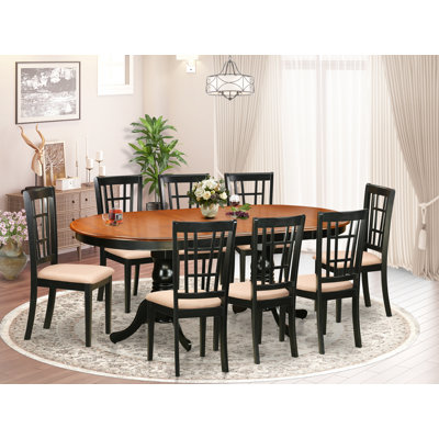 9 Piece Modern Dining Table Set Includes an Oval Wooden Table with Butterfly Leaf and 8 Linen Fabric Kitchen Dining Chairs, 42x78 Inch, Black & Cherry
