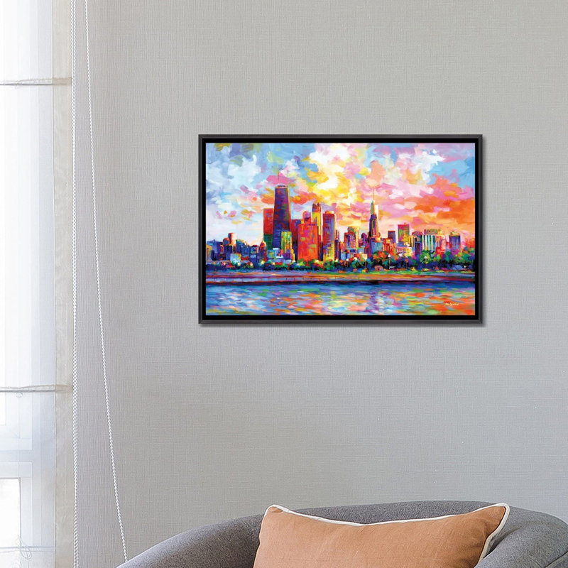 Chicago Skyline by Leon Devenice iCanvas, 18" H x 26" W x 1.5" D, Distressed Black Floater Frame Canvas