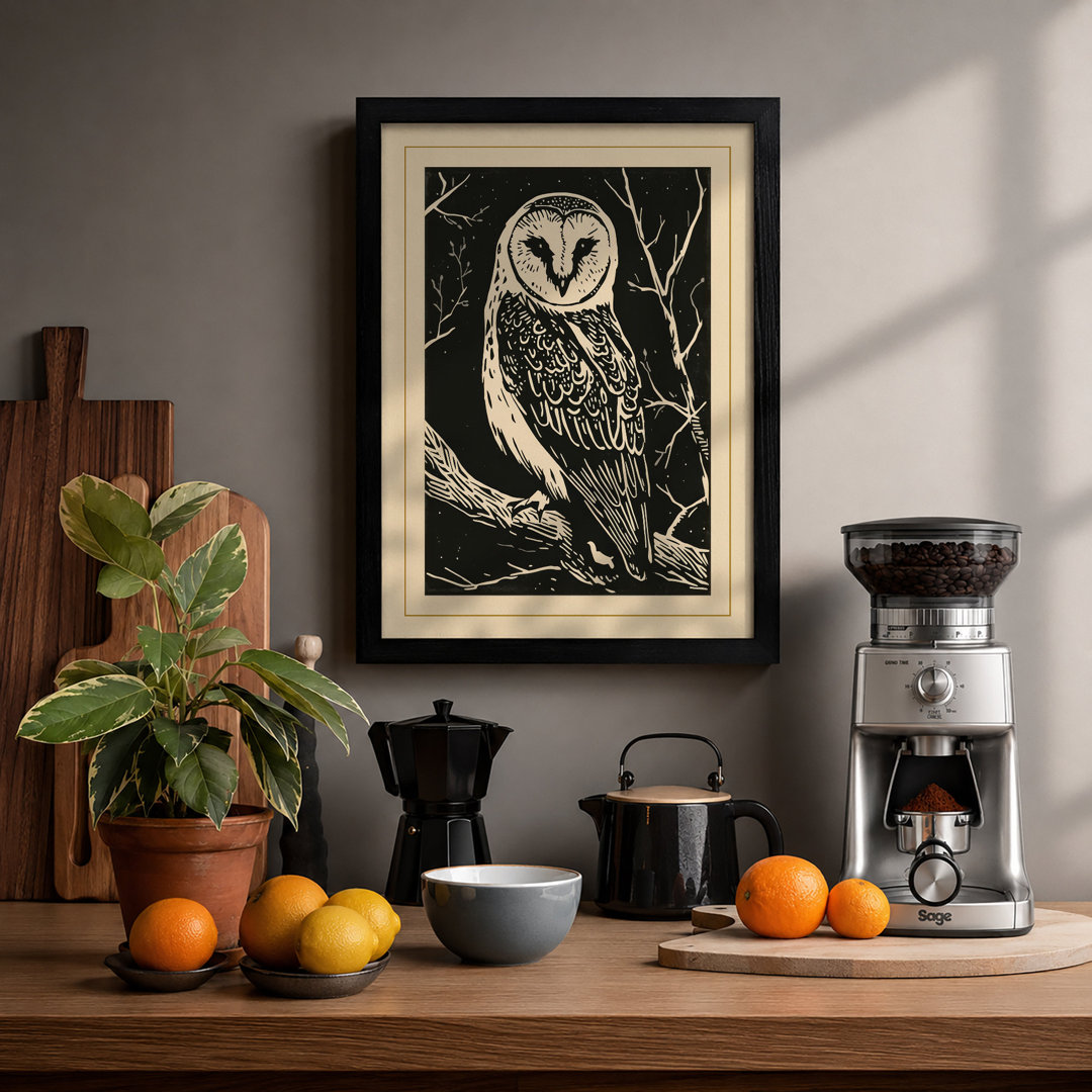 Barn Owl on Branch Vintage - Framed Print